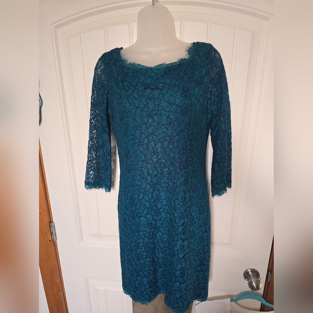 Diane Von Furstenberg "Zarita" Teal Lace Zip Dress